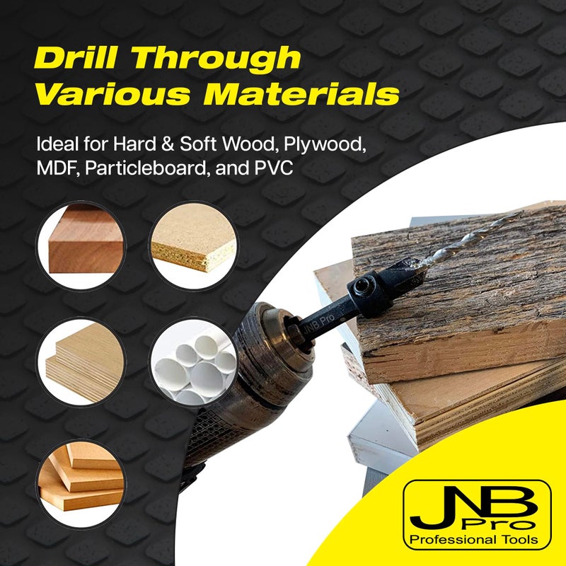 JNB Pro Countersink Drill Bit Set #8-5pcs (11/64"") 4 Flute M2 HSS Drill Bits 1/4 Hex Quick Change  Stop Collar Set Brocas para Madera Countersink Drill Bit for Wood Working with 2 Free Tapered Bits - Image 3